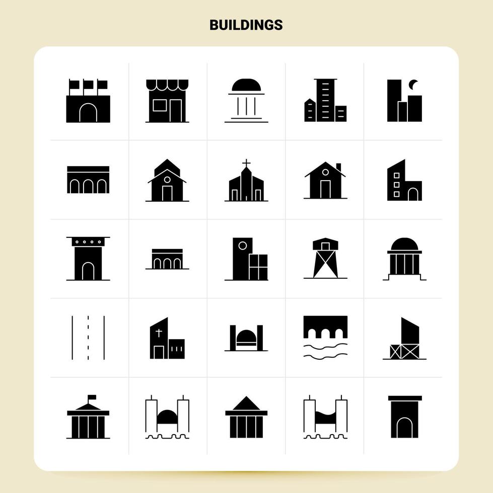 ensemble d'icônes de 25 bâtiments solides conception de style de glyphe vectoriel icônes noires définies idées d'affaires web et mobiles conception illustration vectorielle