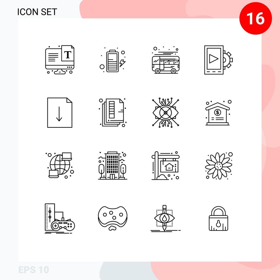 pack de 16 signes et symboles de contours modernes pour les supports d'impression Web tels que le paramètre de bus de document d'exportation éléments de conception vectoriels modifiables mobiles vecteur