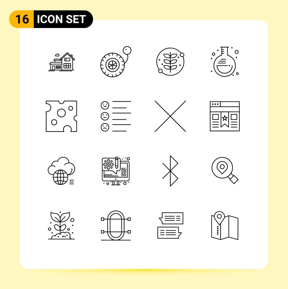 16 ensemble de contours d'interface utilisateur de signes et symboles modernes d'éléments de conception vectoriels modifiables de flacon de laboratoire de feuille de fromage alimentaire vecteur