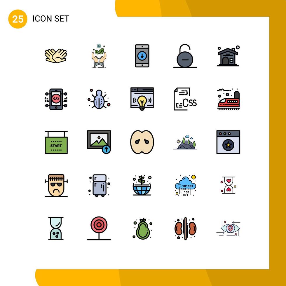 groupe de 25 signes et symboles de couleurs plates en ligne remplie pour les éléments de conception vectoriels modifiables de l'application mobile de la flèche de l'usine de verrouillage de sécurité vecteur