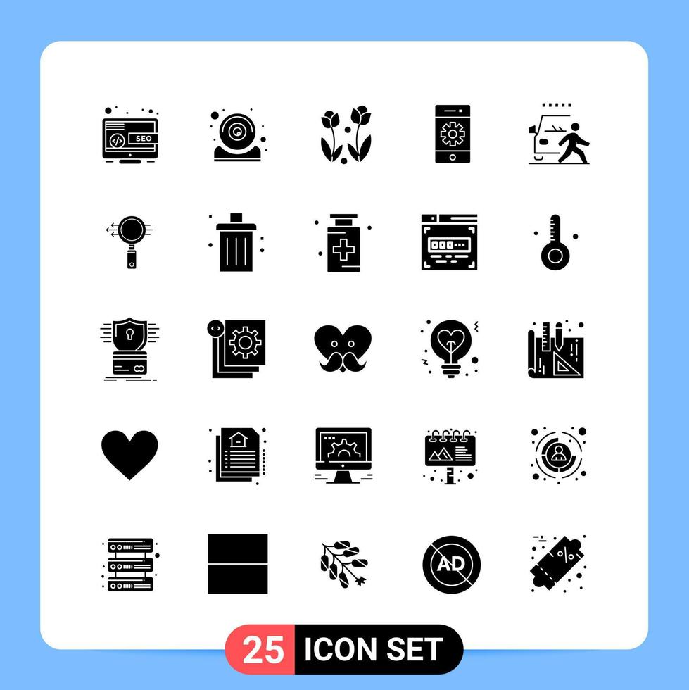 25 symboles de glyphe de pack d'icônes noires solides pour les applications mobiles isolés sur fond blanc 25 icônes définies vecteur
