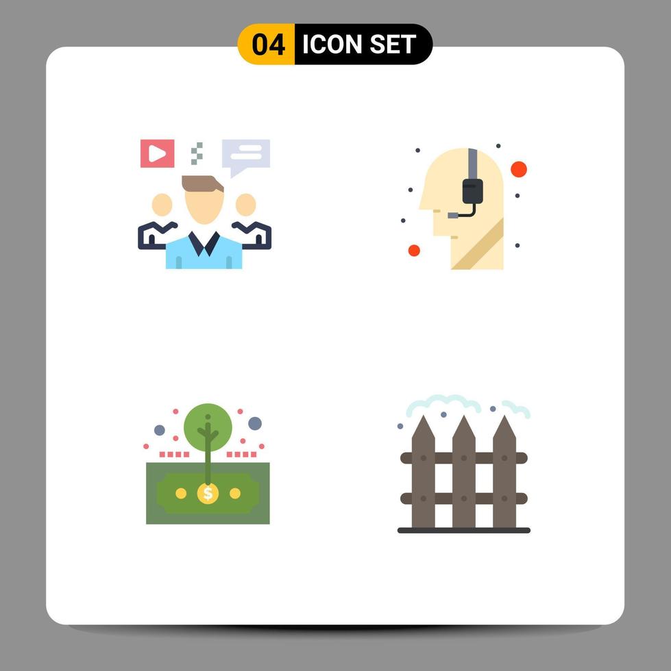pack de 4 signes et symboles d'icônes plates modernes pour les supports d'impression Web tels que les éléments de conception vectoriels modifiables d'investissement d'appel vidéo d'actif utilisateur vecteur
