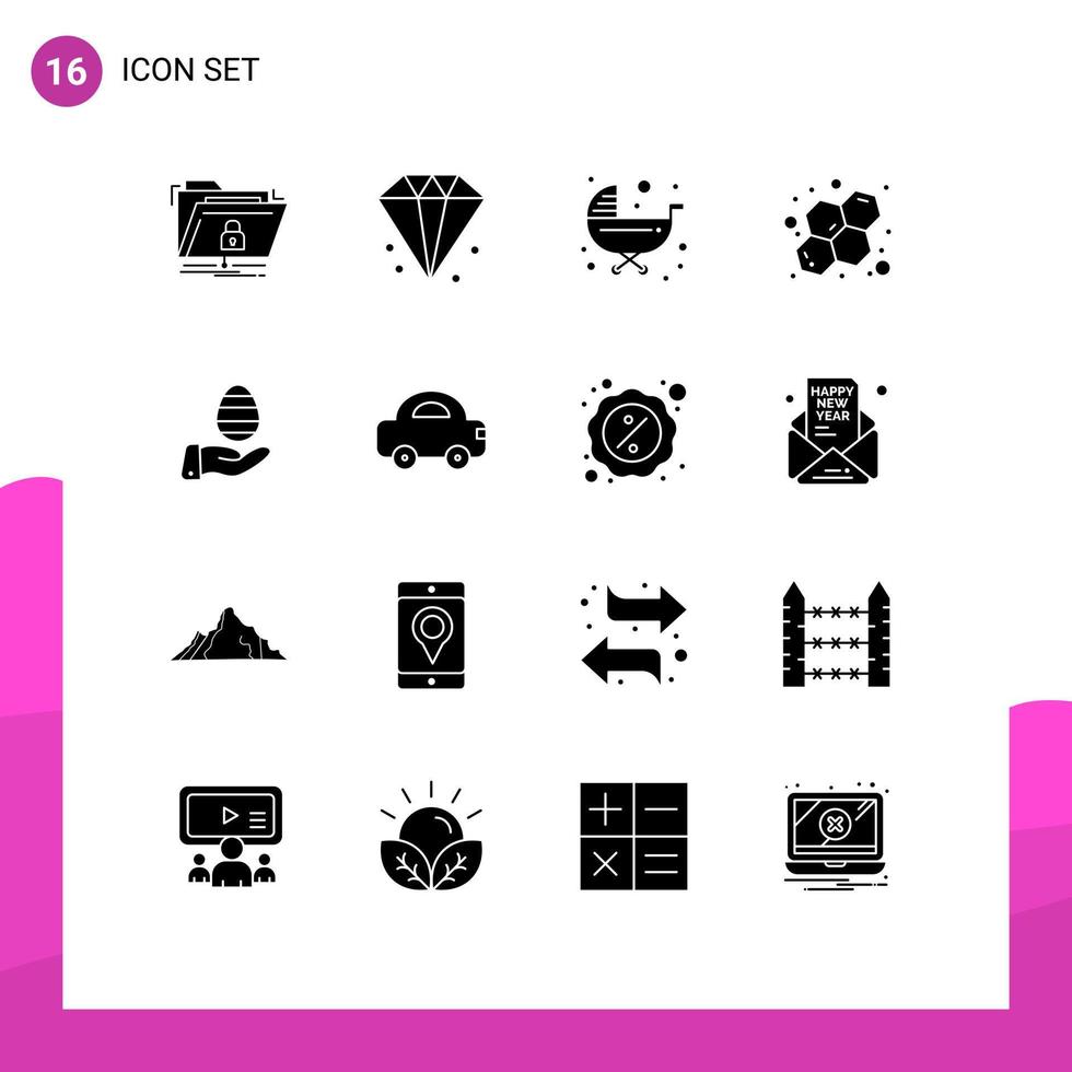 ensemble de 16 glyphes solides vectoriels sur la grille pour la main chimie bijoux atome poussette éléments de conception vectoriels modifiables vecteur
