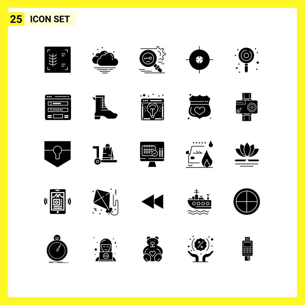 25 jeu d'icônes symboles solides simples signe de glyphe sur fond blanc pour la conception de sites Web, applications mobiles et supports d'impression vecteur