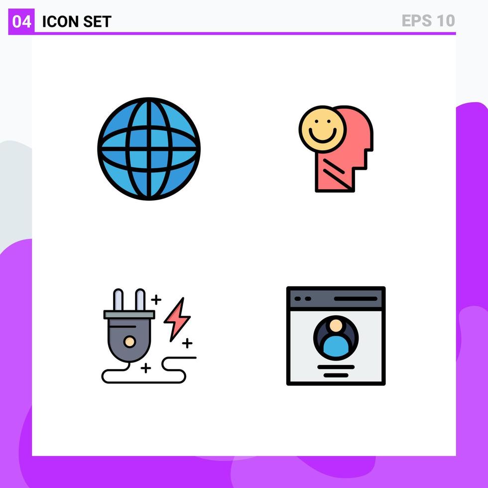 interface mobile filledline couleur plate ensemble de 4 pictogrammes d'équipement d'optimisme d'automatisation happy plug éléments de conception vectoriels modifiables vecteur