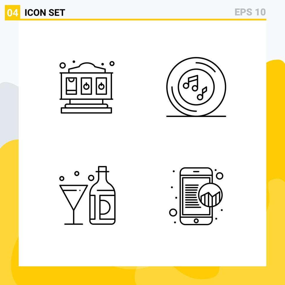 ensemble de 4 couleurs plates vectorielles remplies sur la grille pour les éléments de conception vectoriels modifiables de bouteille de lecteur de musique de vin de machine à sous vecteur