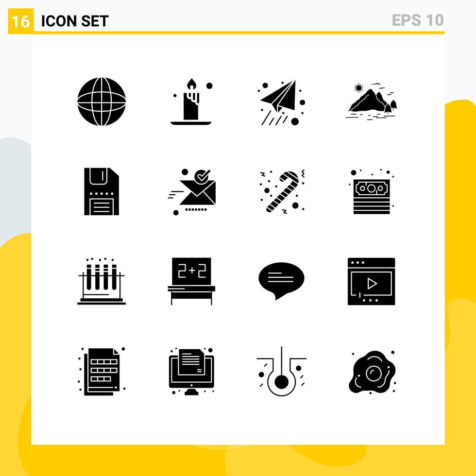 16 glyphes solides vectoriels thématiques et symboles modifiables de l'interface télécharger des éléments de conception vectoriels modifiables de montagne de disque d'avion vecteur