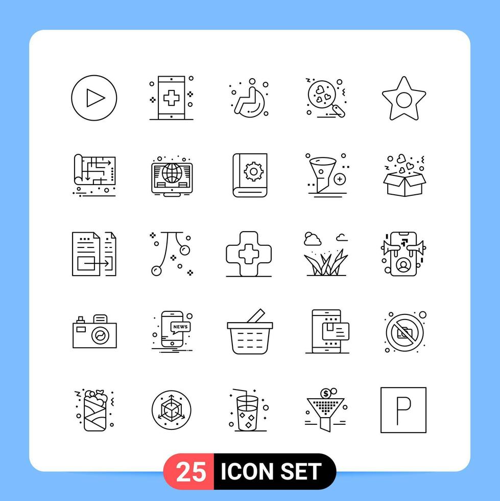 Pack d'icônes noires de 25 lignes symboles de contour pour les applications mobiles isolés sur fond blanc ensemble de 25 icônes vecteur