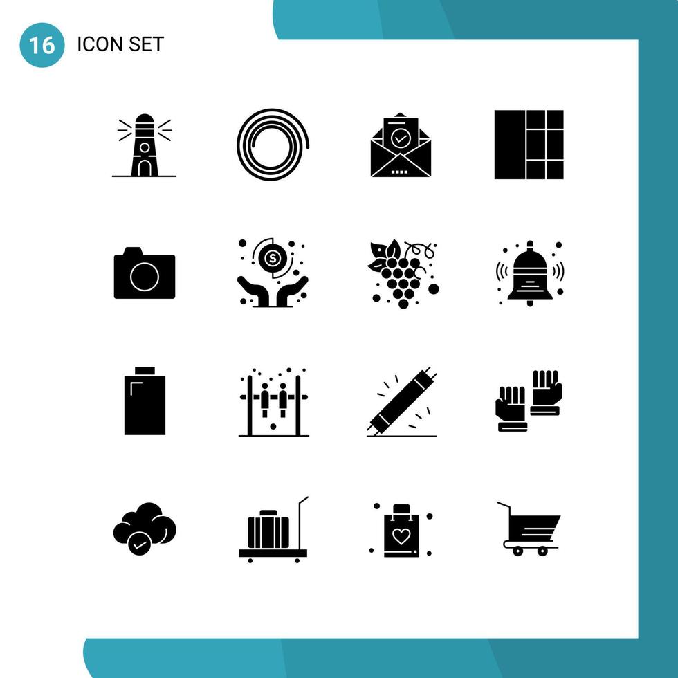 groupe de 16 glyphes solides modernes définis pour les mains enveloppe de base appareil photo éléments de conception vectoriels modifiables vecteur