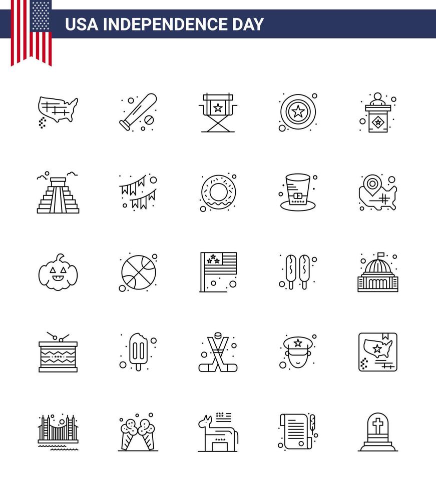 ensemble moderne de 25 lignes et symboles le jour de l'indépendance des états-unis tels que le signe police usa men star modifiable usa day vector design elements