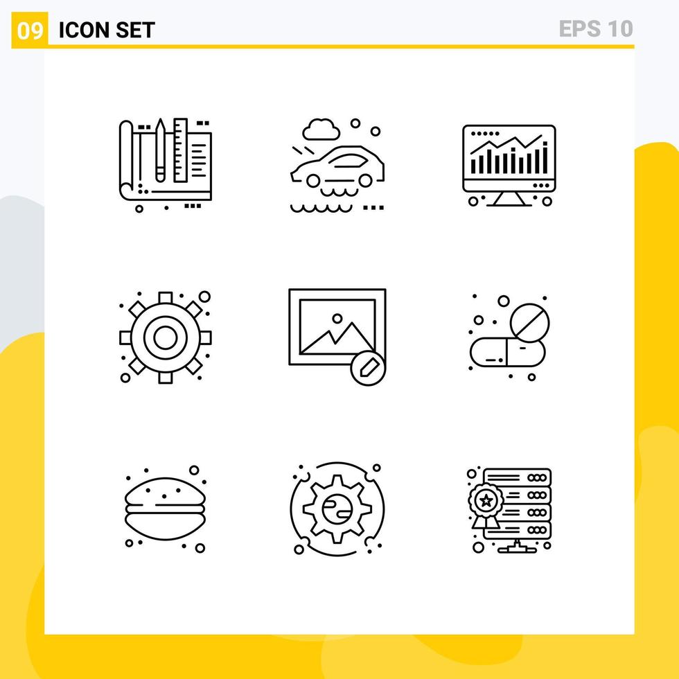 pack d'icônes vectorielles stock de 9 signes et symboles de ligne pour l'édition de photos moteur de paramètres de route mouillée éléments de conception vectoriels modifiables vecteur