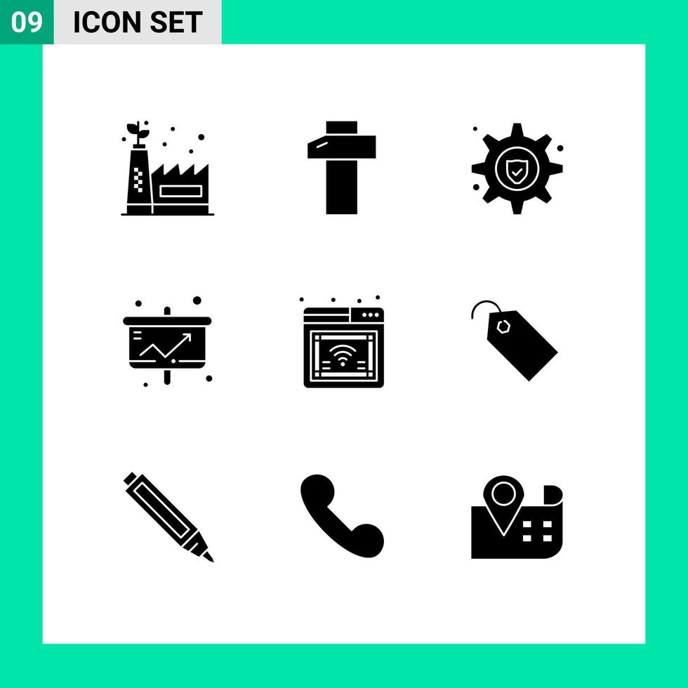 interface mobile glyphe solide ensemble de 9 pictogrammes de service en ligne wifi présentation internet éléments de conception vectoriels modifiables vecteur