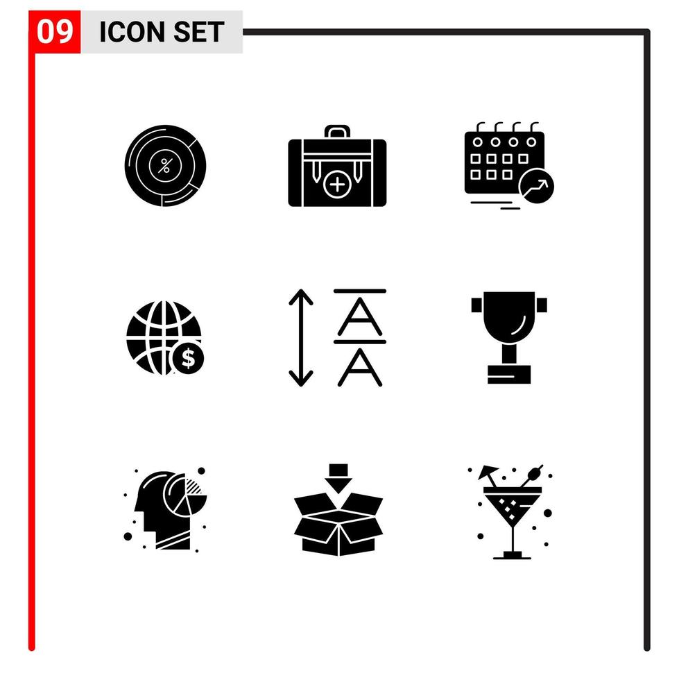 interface utilisateur pack de 9 glyphes solides de base d'argent globe bagages monde calendrier éléments de conception vectoriels modifiables vecteur