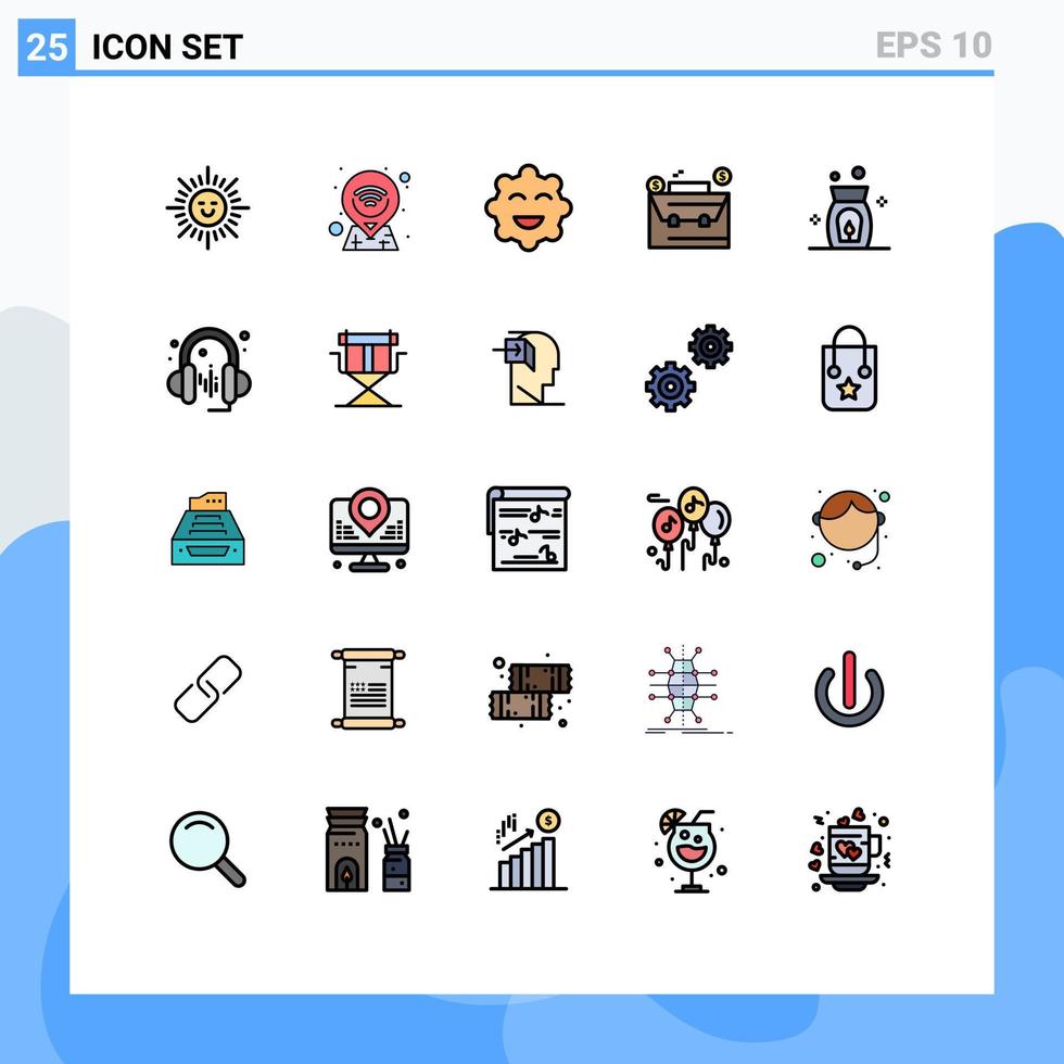 interface utilisateur pack de 25 couleurs plates de base remplies de ligne de musique spa emojis feu dollar éléments de conception vectoriels modifiables vecteur