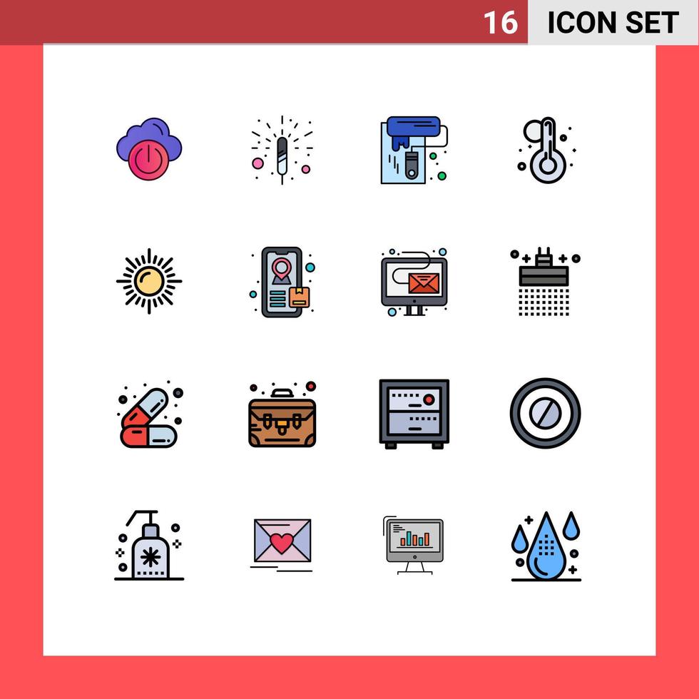 interface mobile couleur plate ligne remplie ensemble de 16 pictogrammes de suivi nature peinture paysage température modifiable éléments de conception de vecteur créatif