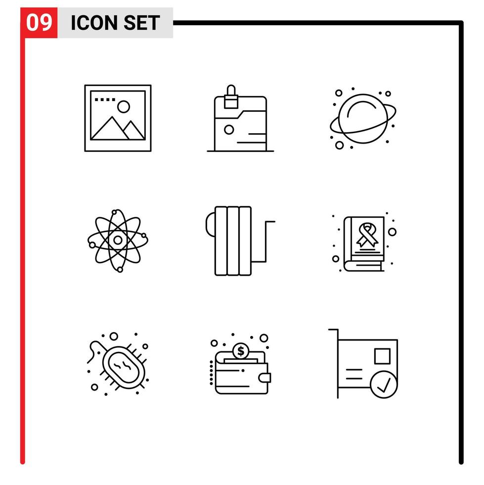 symboles d'icônes universels groupe de 9 contours modernes d'éléments de conception vectoriels modifiables de molécule d'appareils de science électrique de chauffage vecteur