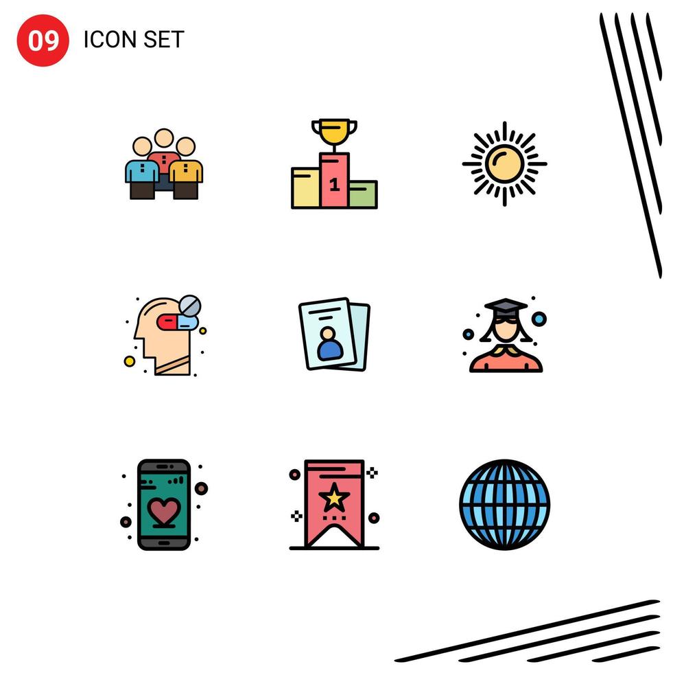 interface mobile fillline plat couleur ensemble de 9 pictogrammes d'esprit humain sain cérémonie soleil paysage éléments de conception vectoriels modifiables vecteur
