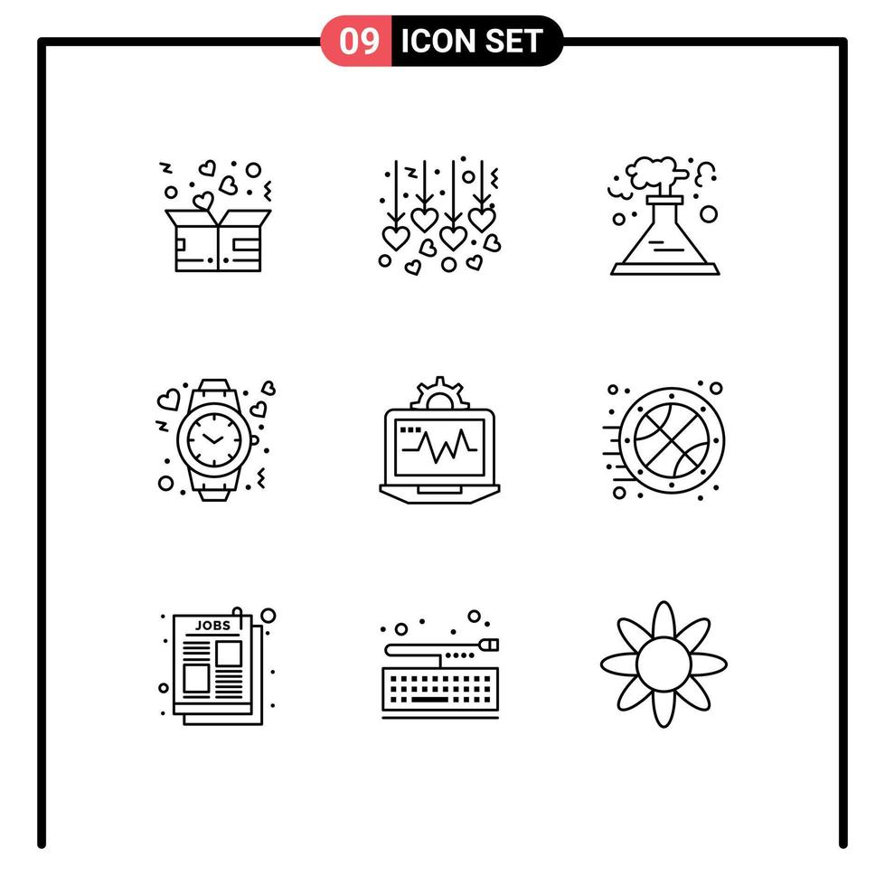 ensemble moderne de 9 contours pictogramme d'éléments de conception vectoriels modifiables de coeur d'amour d'usine de temps d'ordinateur portable vecteur