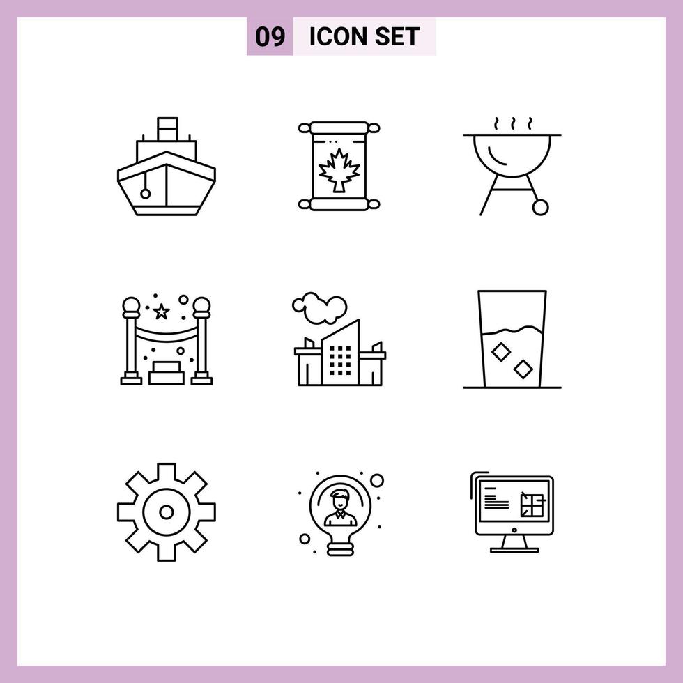 pictogramme ensemble de 9 contours simples de l'industrie de la pollution feuille usine nuit éléments de conception vectoriels modifiables vecteur