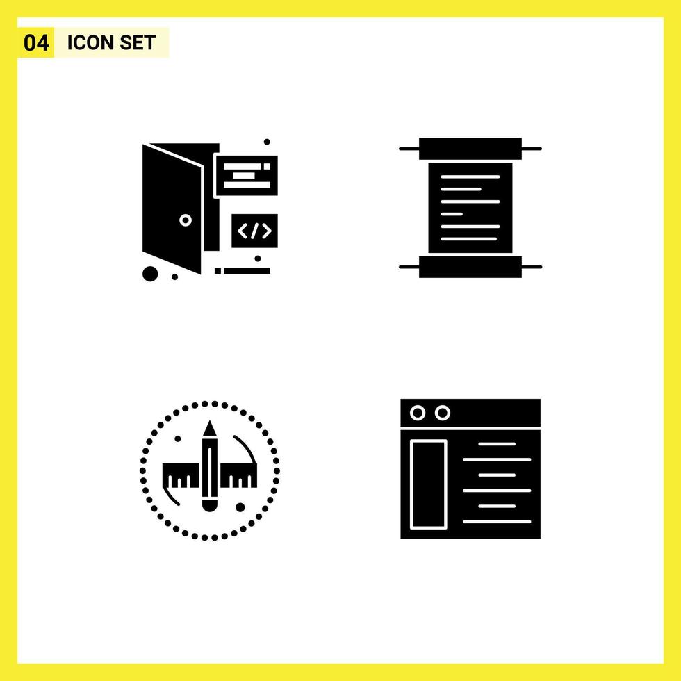 4 glyphes solides vectoriels thématiques et symboles modifiables des éléments de conception vectoriels modifiables du script de la page de la règle du navigateur web vecteur