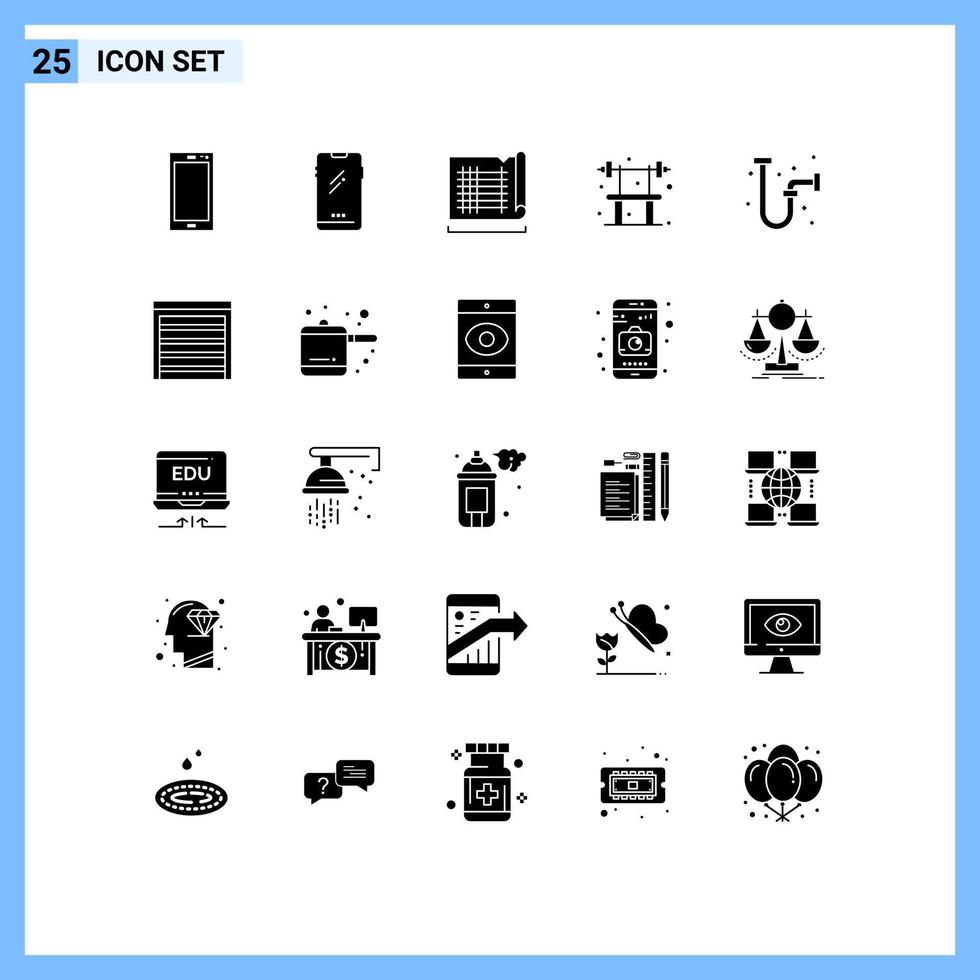 interface mobile glyphe solide ensemble de 25 pictogrammes d'éléments de conception vectoriels modifiables de la salle de vidange de la carte industrielle de la porte vecteur