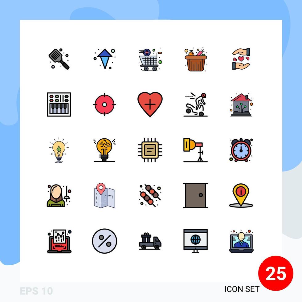 interface mobile ligne remplie couleur plate ensemble de 25 pictogrammes de partage d'épicerie épicerie alimentaire seau éléments de conception vectoriels modifiables vecteur