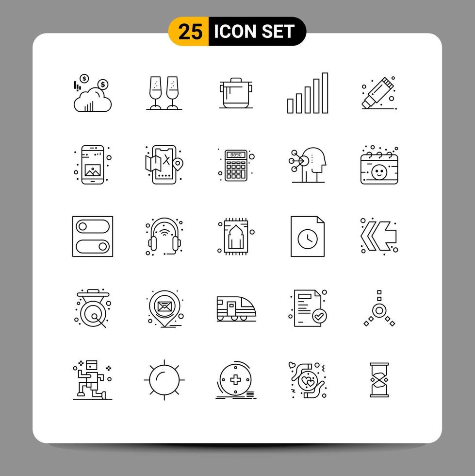 ensemble moderne de 25 lignes de pictogrammes de cuisine de décapant stationnaire supprimer les éléments de conception vectoriels modifiables du téléphone vecteur