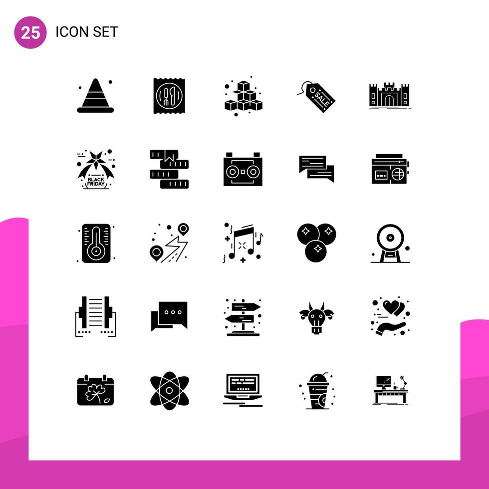 25 glyphes solides vectoriels thématiques et symboles modifiables de cubes d'étiquettes de château shopping jouent des éléments de conception vectoriels modifiables vecteur