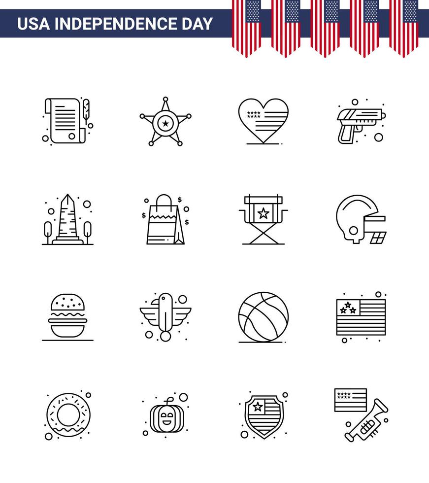 ensemble de 16 lignes modernes pack sur la vue de la fête de l'indépendance des états-unis point de repère amour arme sécurité modifiable usa day vector design elements