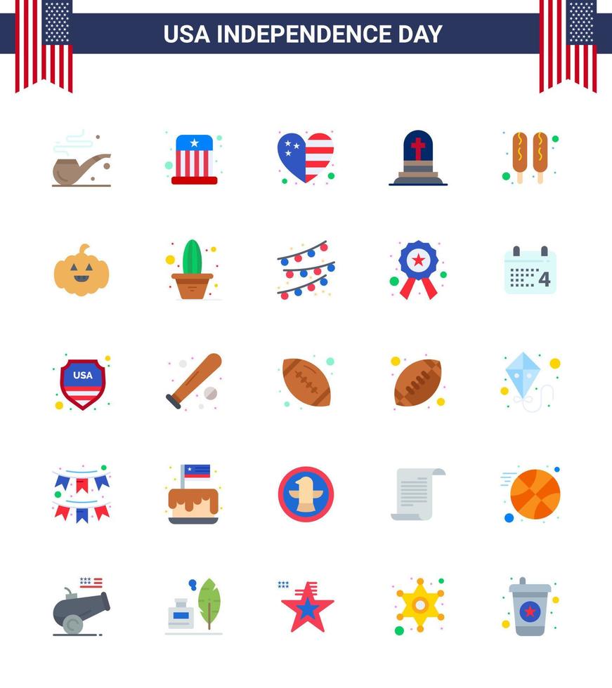 ensemble moderne de 25 appartements et symboles le jour de l'indépendance des états-unis tels que la nourriture corn dog country rip grave modifiable usa day vector design elements