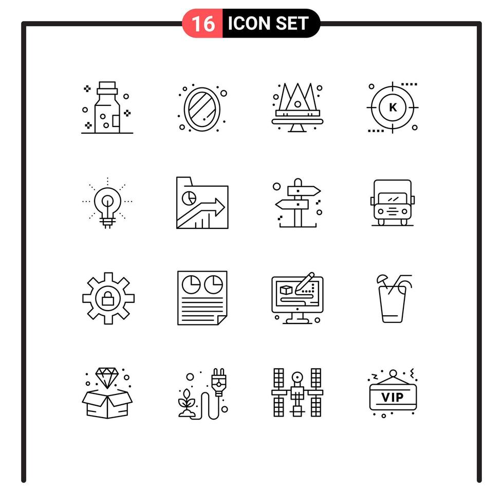 groupe de 16 contours des signes et des symboles pour l'optimisation de l'ampoule éléments de conception vectoriels modifiables du moteur multimédia de la couronne vecteur