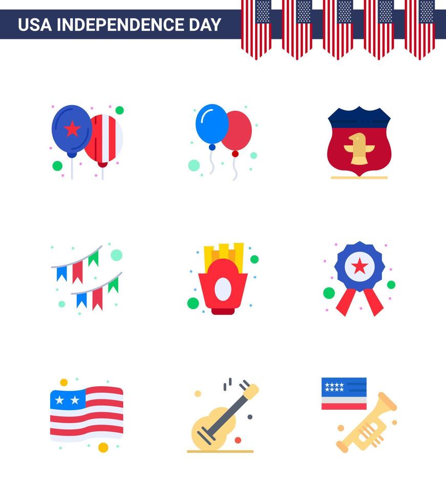 joyeux jour de l'indépendance 4 juillet ensemble de 9 appartements pictogramme américain de badge frites guirlande de frites américaines modifiables éléments de conception vectorielle usa day vecteur