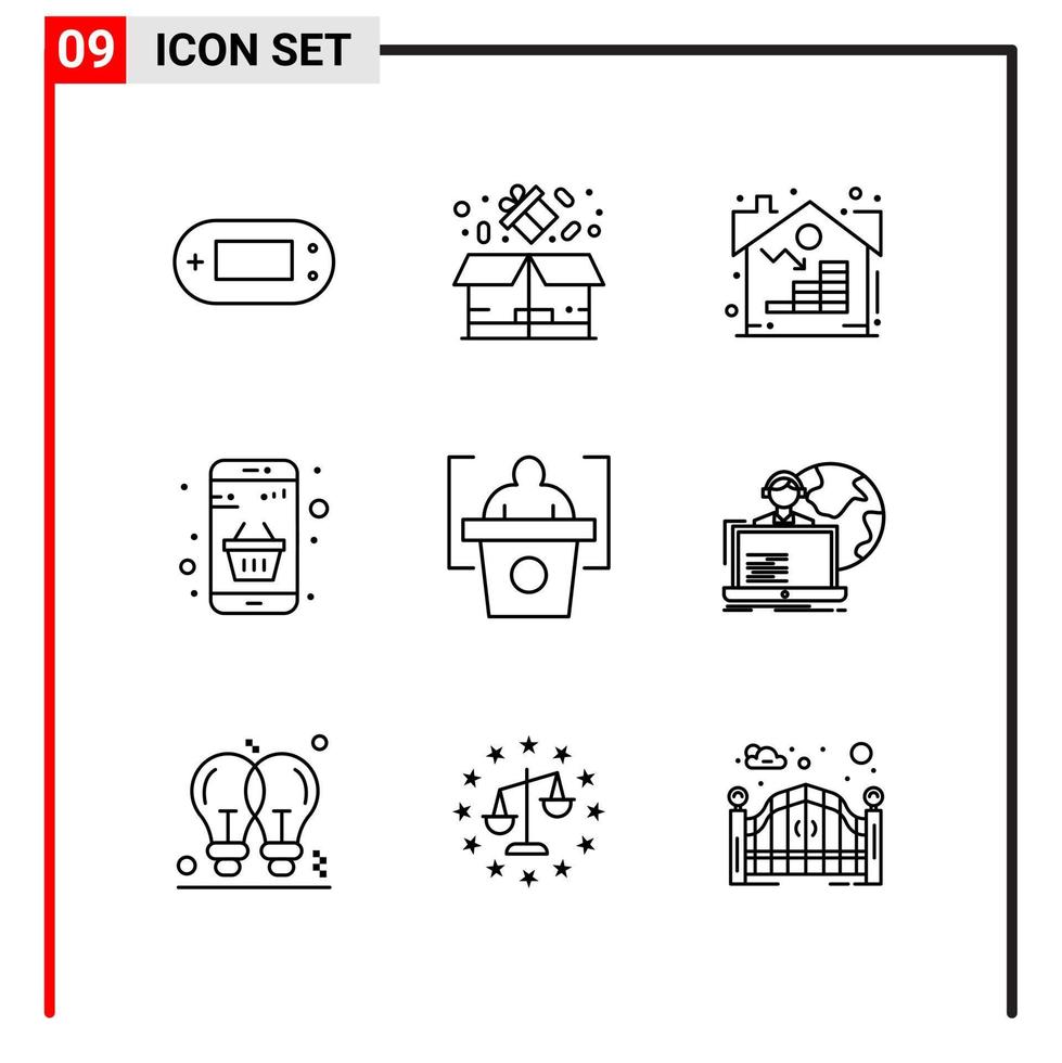 9 icônes générales pour la conception de sites Web d'impression et d'applications mobiles 9 signes de symboles de contour isolés sur fond blanc 9 pack d'icônes vecteur