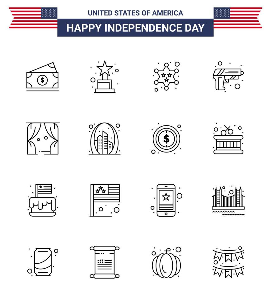 16 usa line pack de signes et symboles de la fête de l'indépendance du théâtre divertissement arme militaire sécurité modifiable usa day vector design elements