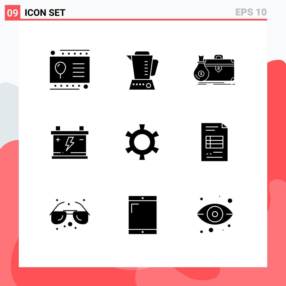 9 concept de glyphe solide pour les sites Web mobiles et les applications porte-documents à engrenages porte-documents batterie éléments de conception vectoriels modifiables vecteur