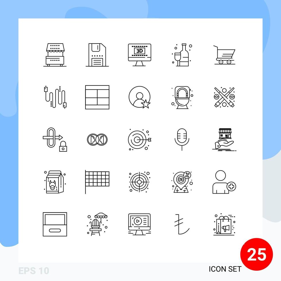 ensemble moderne de 25 lignes de pictogrammes d'interface de supermarché de boisson shopping film éléments de conception vectoriels modifiables vecteur