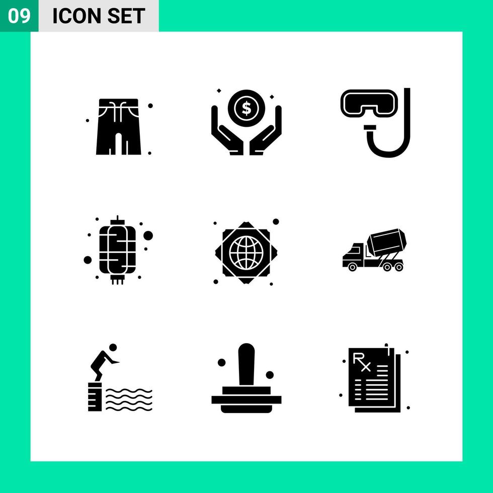 pack de 9 symboles de glyphe de jeu d'icônes de style solide pour imprimer des signes créatifs isolés sur fond blanc 9 jeu d'icônes vecteur