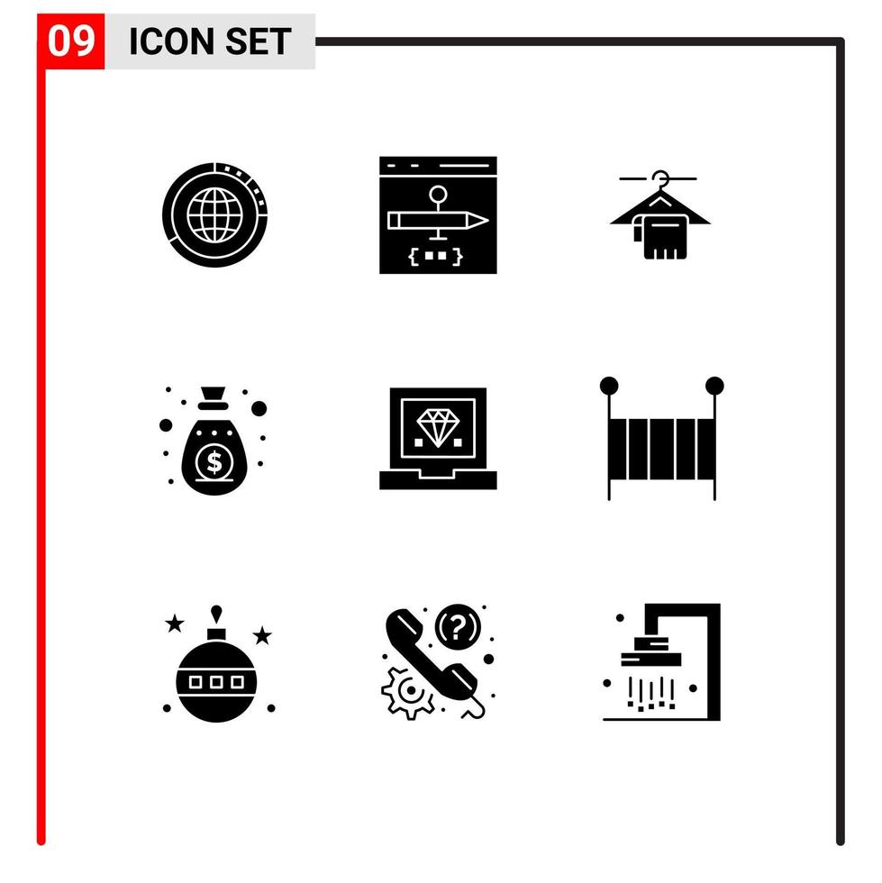 ensemble de 9 glyphes solides vectoriels sur la grille pour la commercialisation des éléments de conception vectoriels modifiables de suspension de service de navigateur d'hôtel vecteur