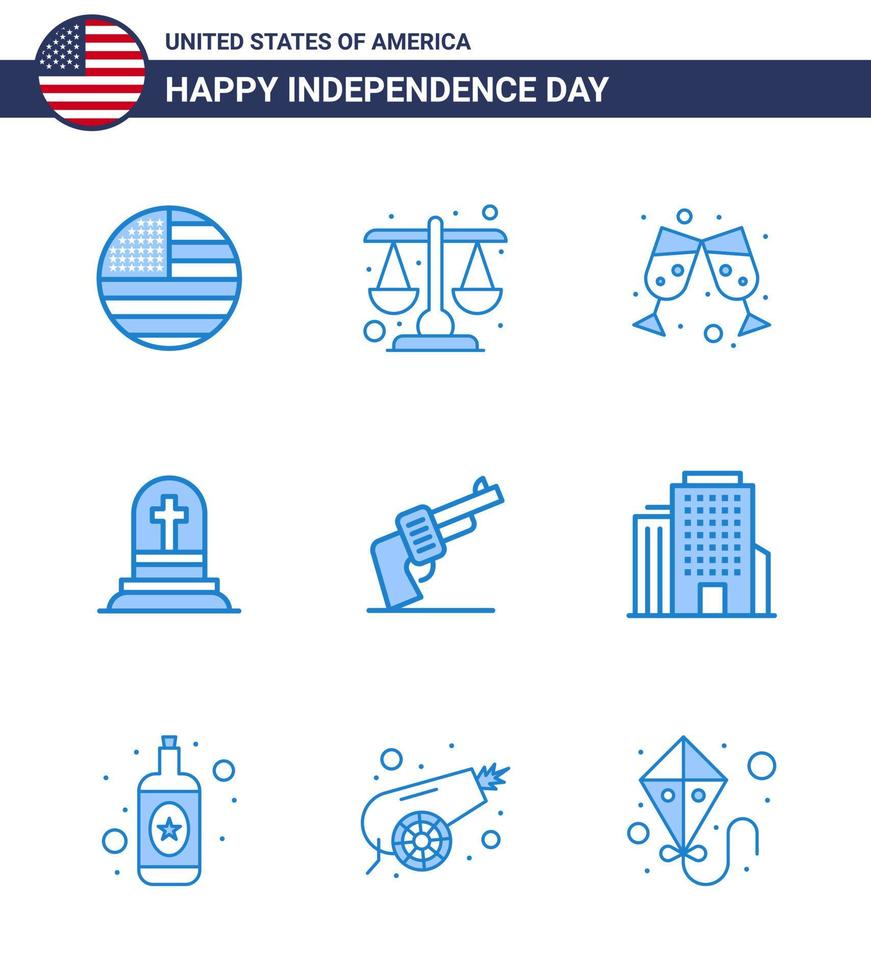 joyeux jour de l'indépendance 4 juillet ensemble de 9 pictogrammes américains de blues d'arme pistolet bière déchirure tombe modifiable usa day vector design elements