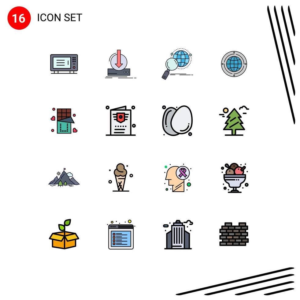 pack de 16 signes et symboles de lignes remplies de couleurs plates modernes pour les supports d'impression Web tels que la recherche de globe de jeu d'entreprise de connexion éléments de conception vectoriels créatifs modifiables vecteur