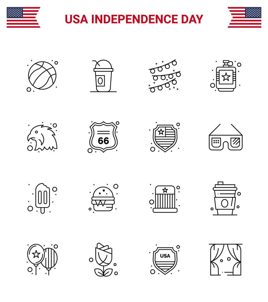 16 usa line pack de signes et symboles de la fête de l'indépendance des bruants liquides d'oiseaux hip drink modifiables usa day vector design elements