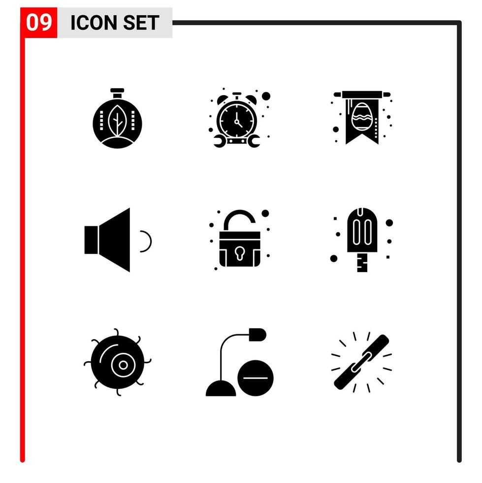 interface mobile glyphe solide ensemble de 9 pictogrammes d'éléments de conception vectoriels modifiables de haut-parleur de serrure de carte de cadenas de carnaval vecteur