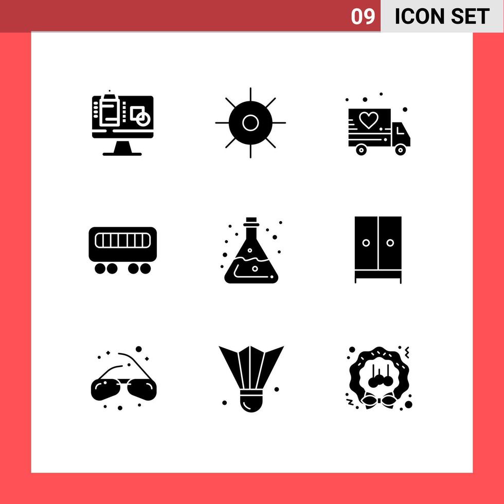 ensemble de 9 glyphes solides vectoriels sur la grille pour les éléments de conception vectoriels modifiables de chemin de fer de chimie de livraison de laboratoire acide vecteur