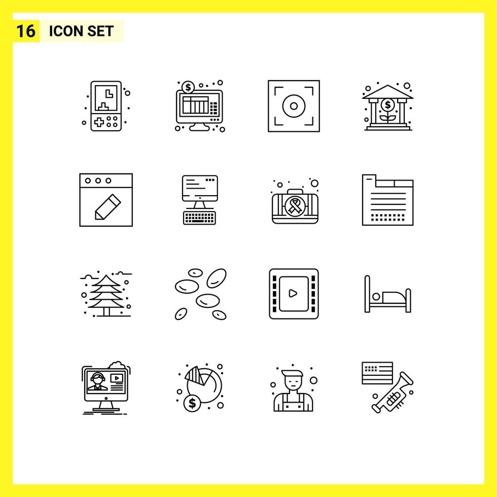 ensemble moderne de 16 pictogrammes de contours d'éléments de conception vectoriels modifiables de banque d'argent bancaire en ligne vecteur