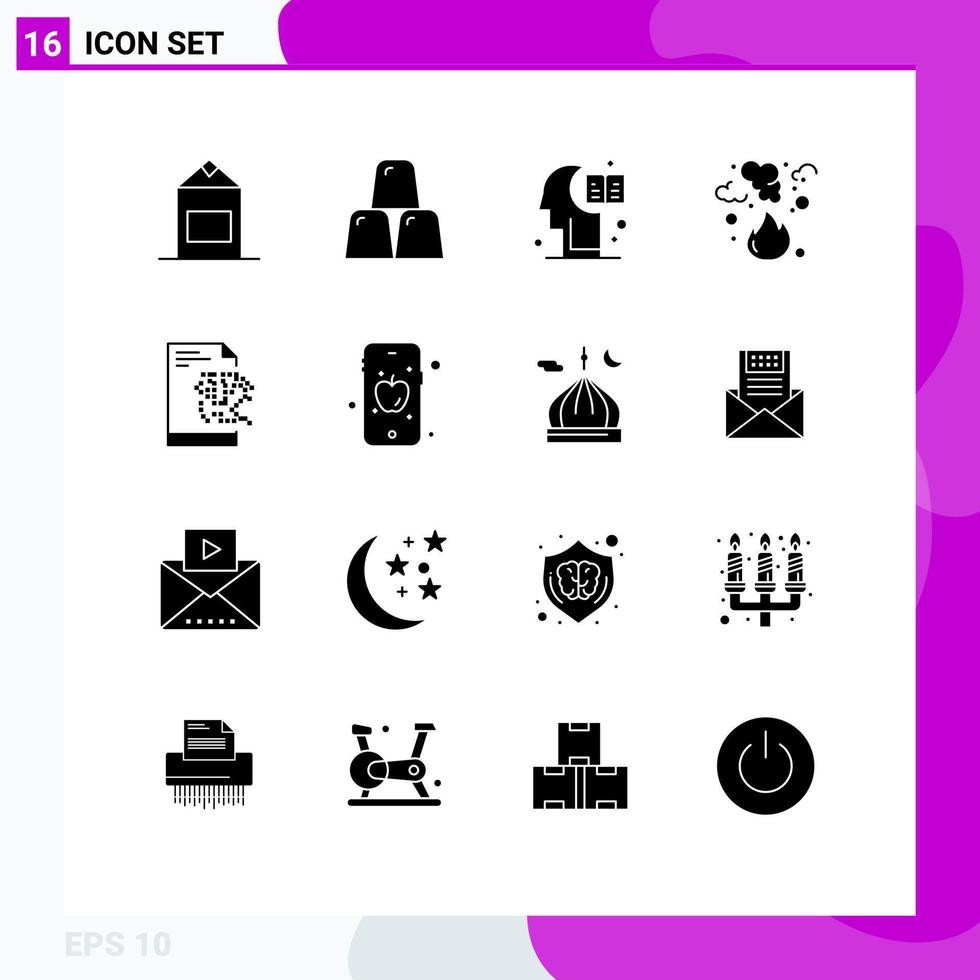 interface mobile glyphe solide ensemble de 16 pictogrammes de serveur fumée éducation pollution feu éléments de conception vectoriels modifiables vecteur