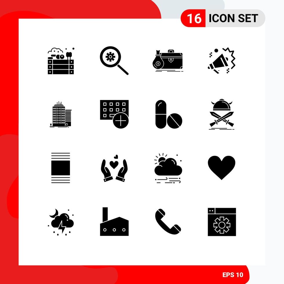 interface mobile glyphe solide ensemble de 16 pictogrammes d'éléments de conception vectoriels modifiables de haut-parleur skyscaper business sound mike vecteur
