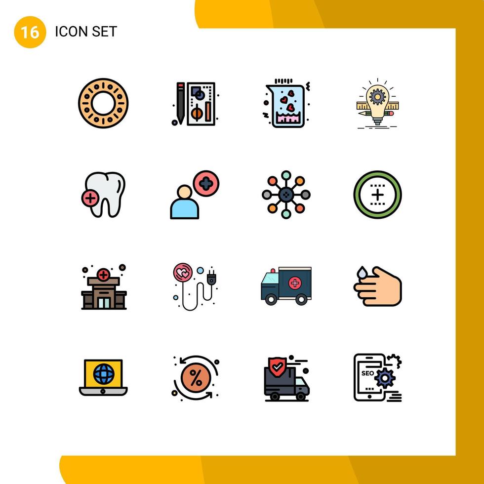 interface mobile couleur plate ligne remplie ensemble de 16 pictogrammes d'hôpital crayon ampoule chimique développement modifiable éléments de conception de vecteur créatif