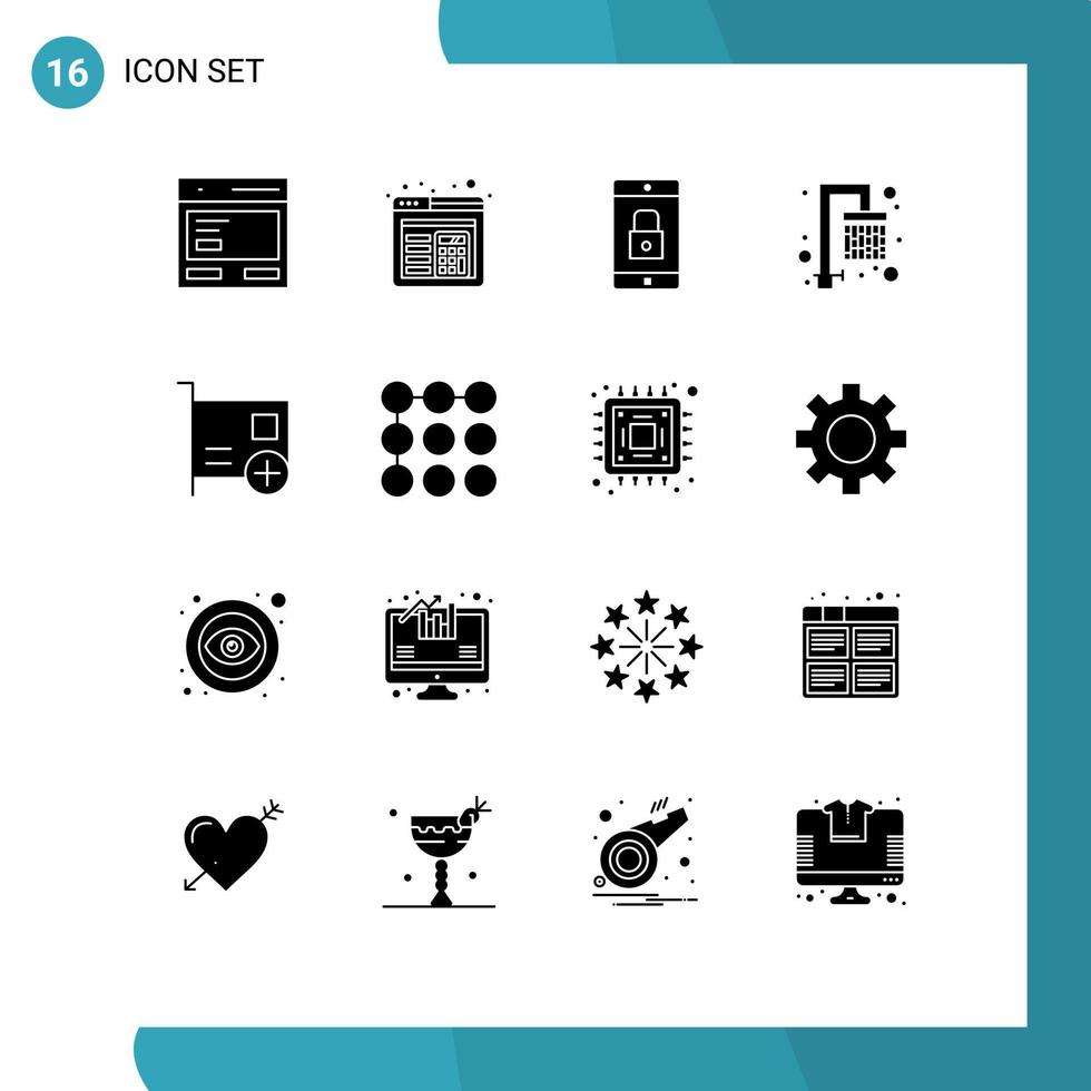 groupe de 16 signes et symboles de glyphes solides pour les éléments de conception vectoriels modifiables de l'application mobile de l'eau de l'application fraîche de la carte vecteur
