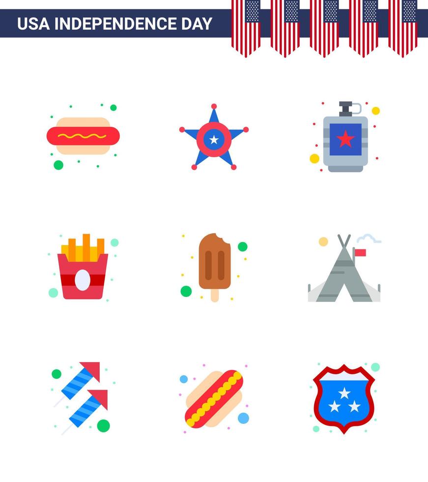 joyeux jour de l'indépendance 4 juillet ensemble de 9 appartements pictogramme américain de frites de popsicle liquide alimentaire alcoolique modifiable éléments de conception vectorielle usa day vecteur