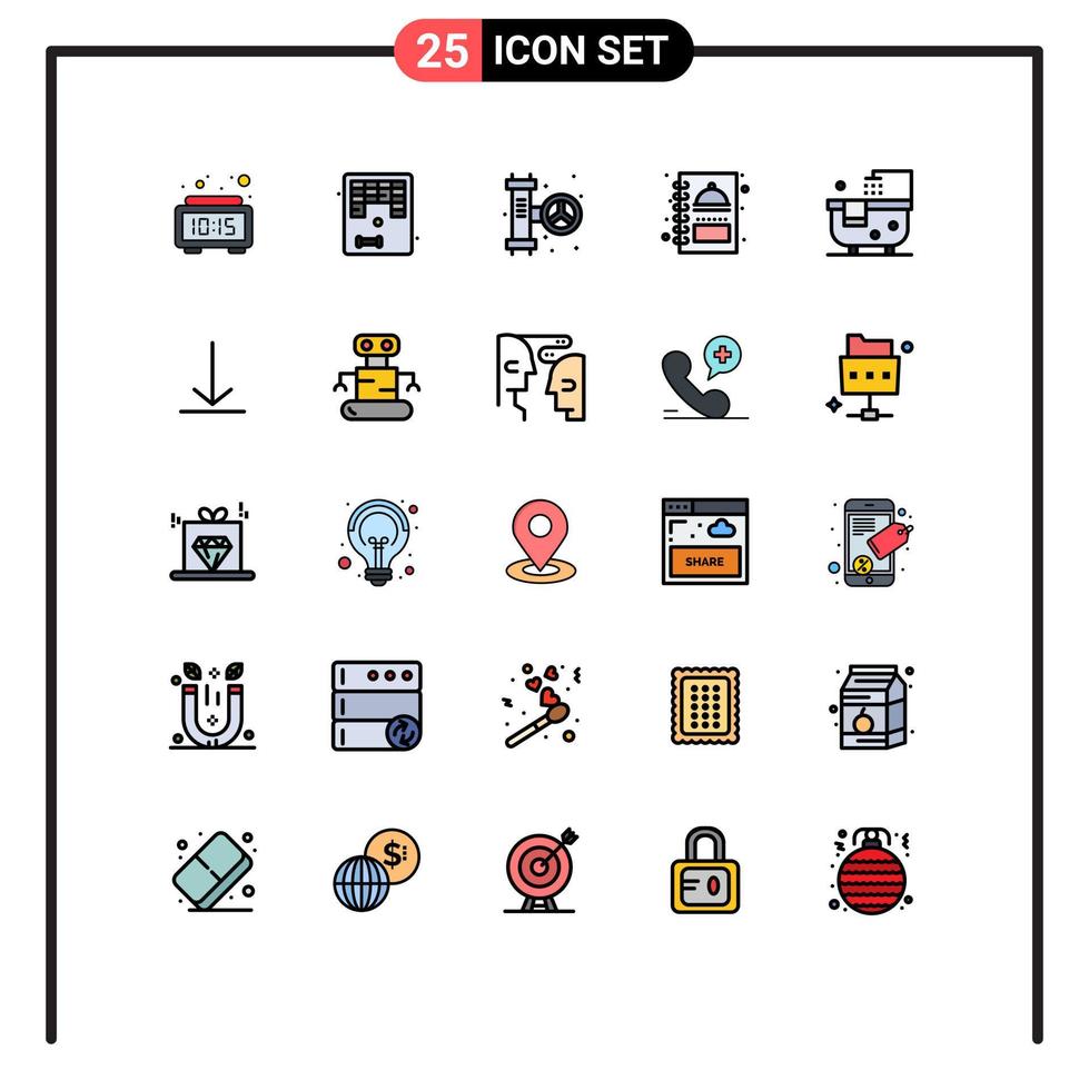 25 interface utilisateur ligne remplie paquet de couleurs plates de signes et symboles modernes de la nourriture de la salle de bain menu mécanique livre cuisine éléments de conception vectoriels modifiables vecteur